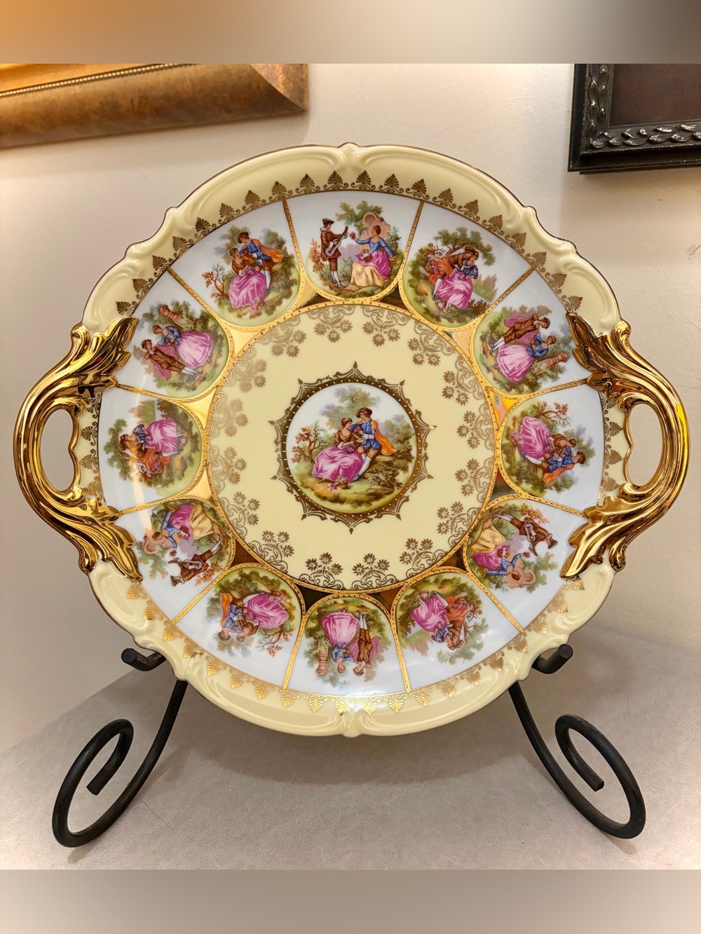 Fragonard Love Story Hand Painted West Germany Round Platter Double Handles 12"